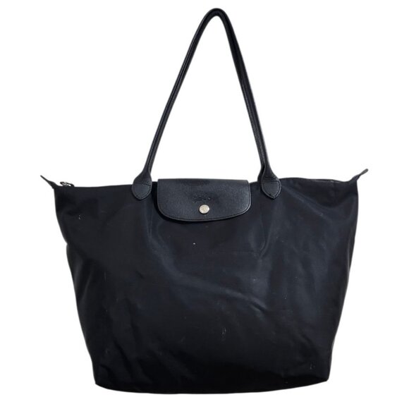 Longchamp Le Pliage Large Nylon Tote Bag Black Leather Trim Shoulder Purse - Picture 2 of 15